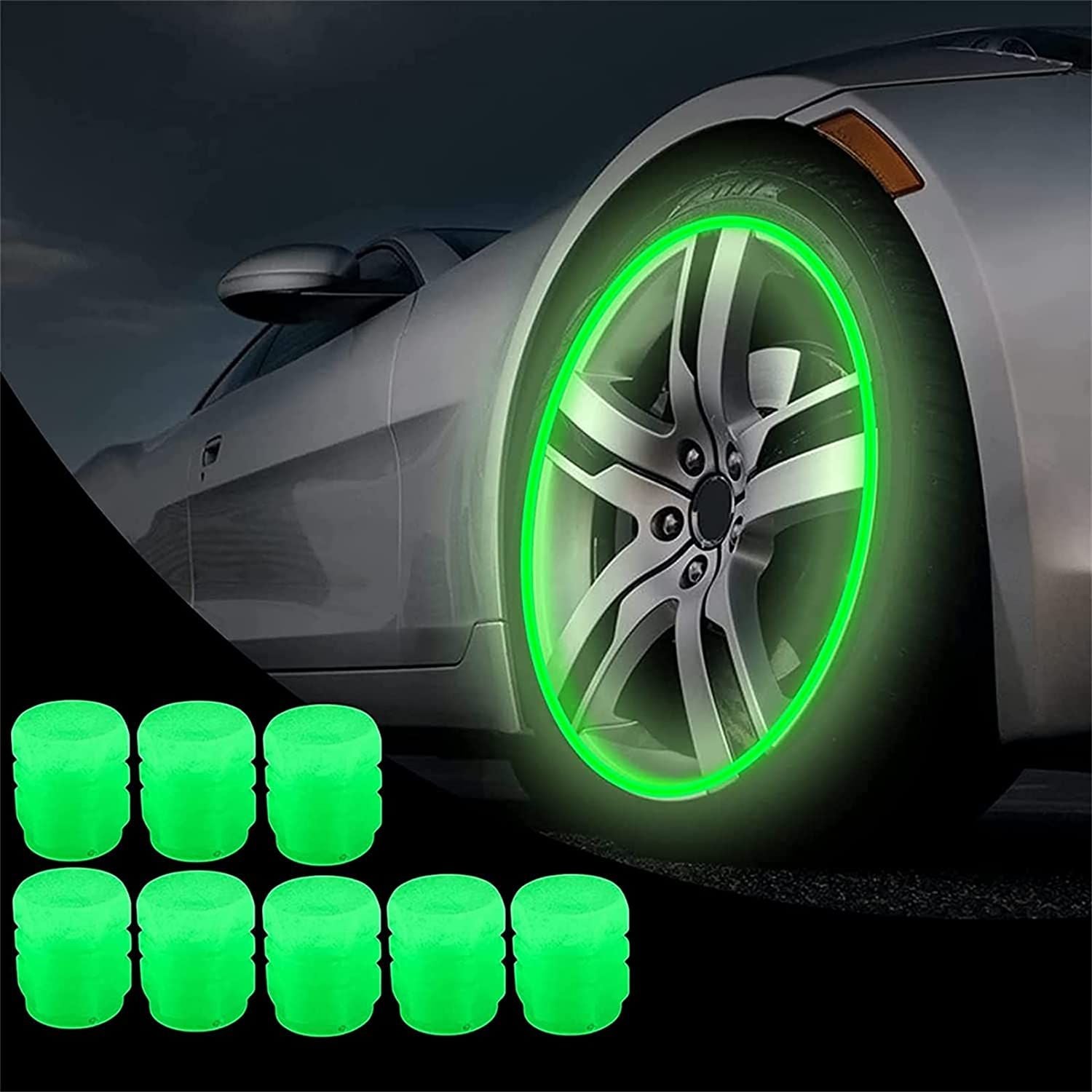 Glow in the Dark Car Tire Valve Caps – Universal Luminous Wheel Air Valve Covers (Set of 8)